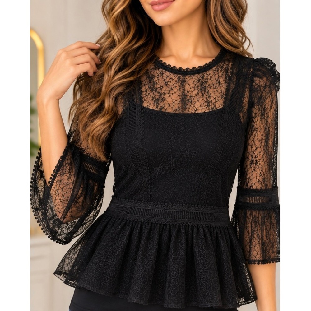 Black Floral Lace Top Sheer Bell Sleeve Blouse Size-S